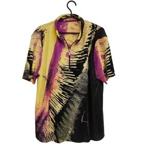 Yanis Pleated Short Sleeve Zipper Polo Shirt Abstract Print
